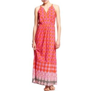 Banana Republic Colorful Cinch Waist Maxi Dress Size 2 Orange/Pink